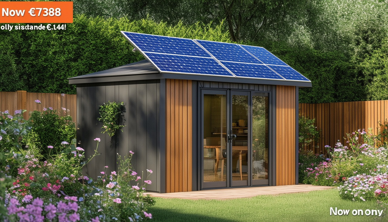 découvrez l'abri de jardin 'vegas', alliant design moderne et durabilité avec ses panneaux solaires. profitez d'une offre exceptionnelle à seulement 738 € au lieu de 1 244 €. ne manquez pas cette opportunité pour embellir votre espace extérieur tout en faisant un geste pour l'environnement !